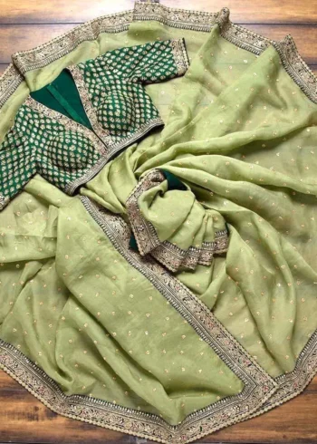 Green Heavy Lace Embroidery Work Organza Party Wear Saree