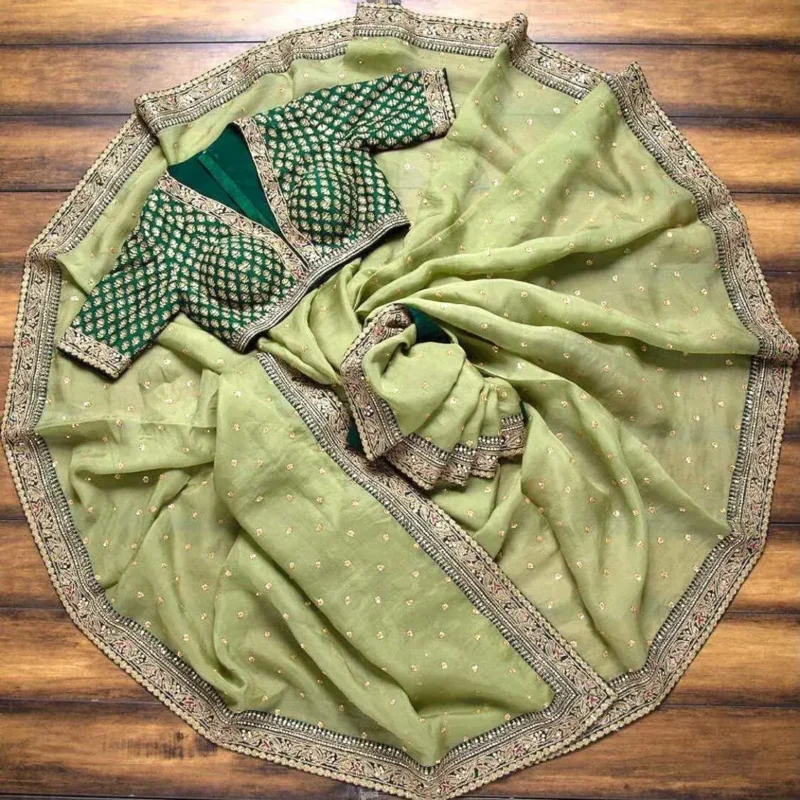 Green Heavy Lace Embroidery Work Organza Party Wear Saree