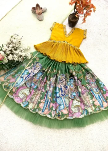 Green Kediya Style Embroidery Crush Work Chaniya Choli for Kids