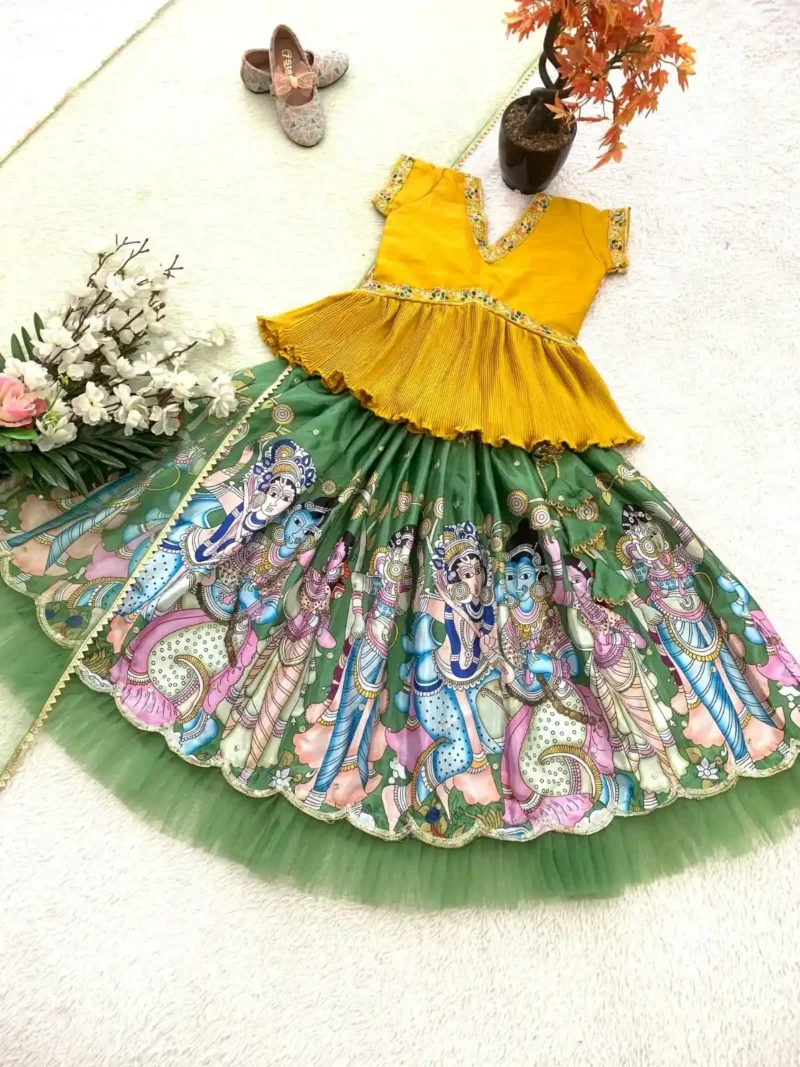 Green Kediya Style Embroidery Crush Work Chaniya Choli for Kids