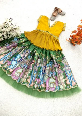 Green Kediya Style Embroidery Crush Work Chaniya Choli for Kids