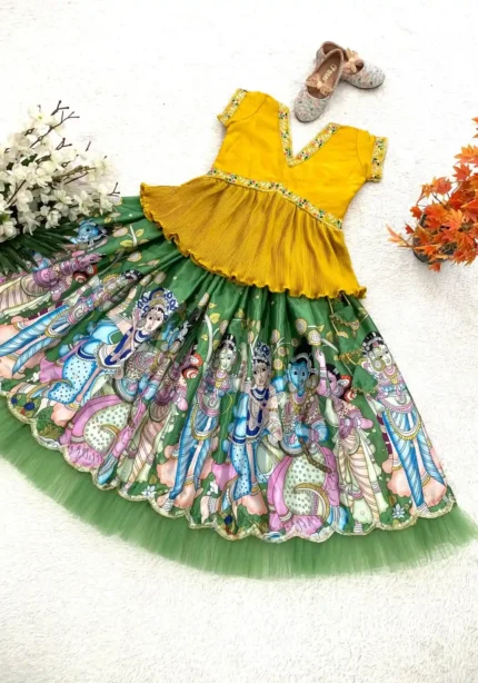 Green Kediya Style Embroidery Crush Work Chaniya Choli for Kids