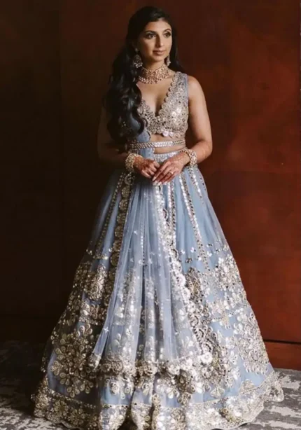 Grey Color Jari With Paper Mirror Embroidery Work Party Wear Lehenga Choli