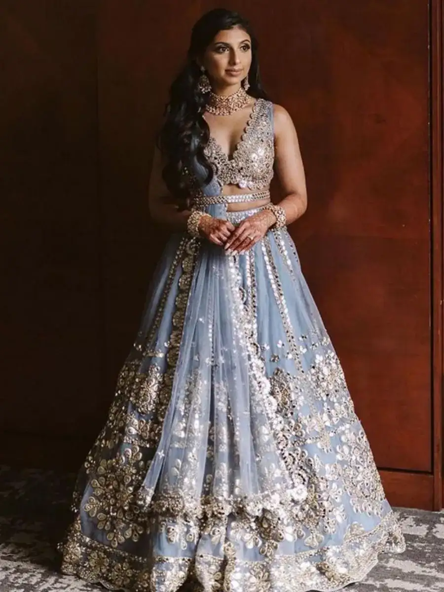 Grey Color Jari With Paper Mirror Embroidery Work Party Wear Lehenga Choli