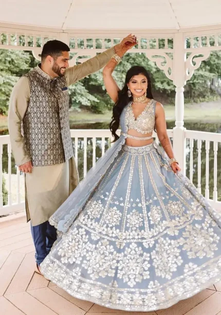 Grey Color Jari With Paper Mirror Embroidery Work Party Wear Lehenga Choli