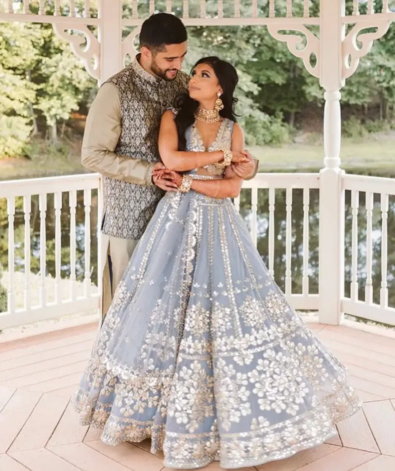 Grey Color Jari With Paper Mirror Embroidery Work Party Wear Lehenga Choli