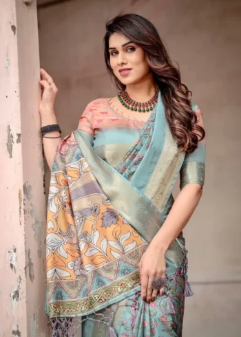 Hand Painted Floral Digital Print Sky Blue Tussar Silk Saree