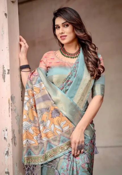 Hand Painted Floral Digital Print Sky Blue Tussar Silk Saree