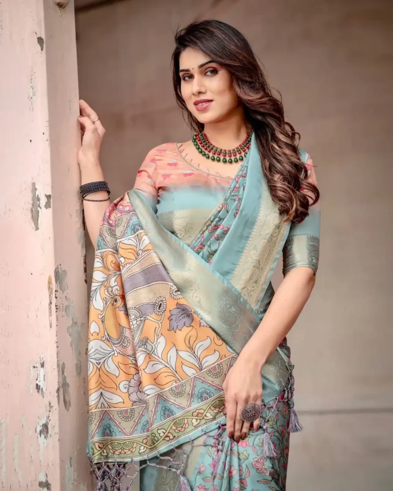 Hand Painted Floral Digital Print Sky Blue Tussar Silk Saree