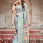 Hand Painted Floral Digital Print Sky Blue Tussar Silk Saree