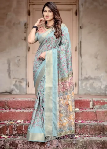 Hand Painted Floral Digital Print Sky Blue Tussar Silk Saree