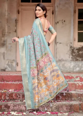 Hand Painted Floral Digital Print Sky Blue Tussar Silk Saree