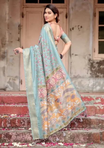 Hand Painted Floral Digital Print Sky Blue Tussar Silk Saree