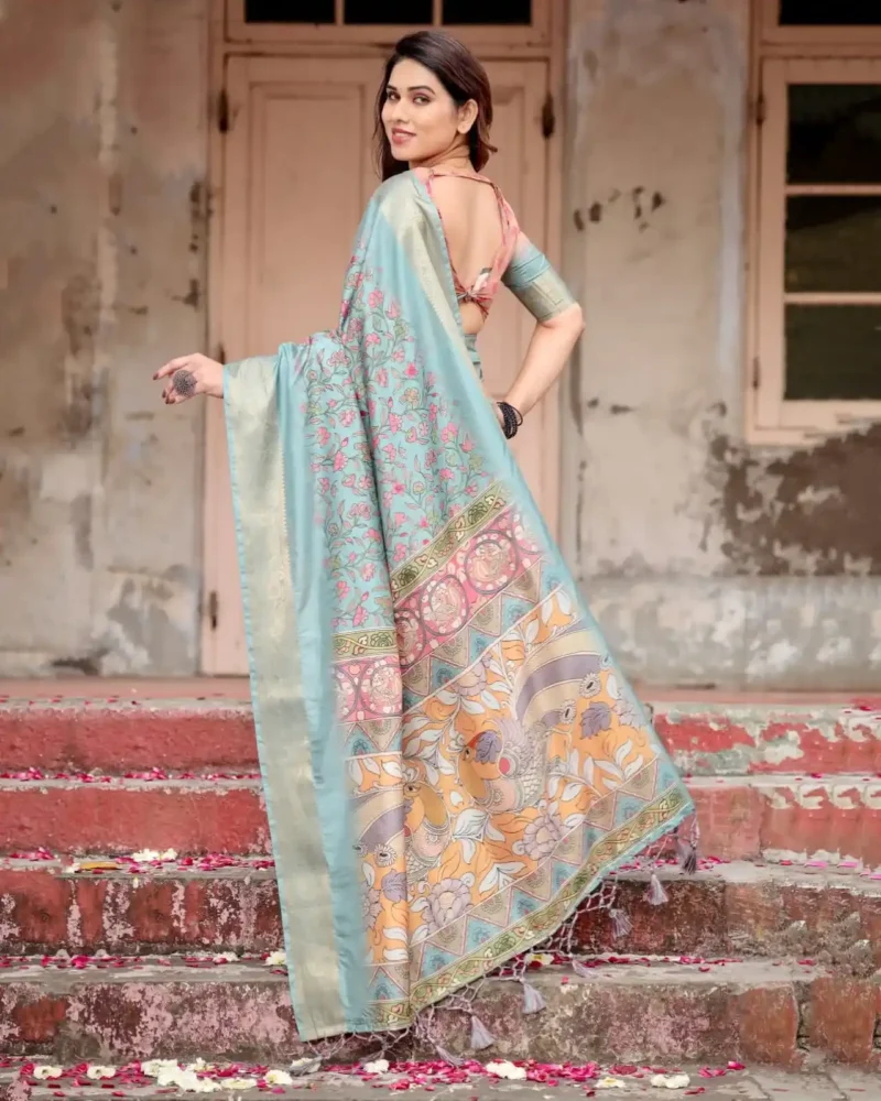 Hand Painted Floral Digital Print Sky Blue Tussar Silk Saree