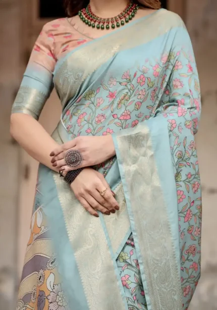 Hand Painted Floral Digital Print Sky Blue Tussar Silk Saree