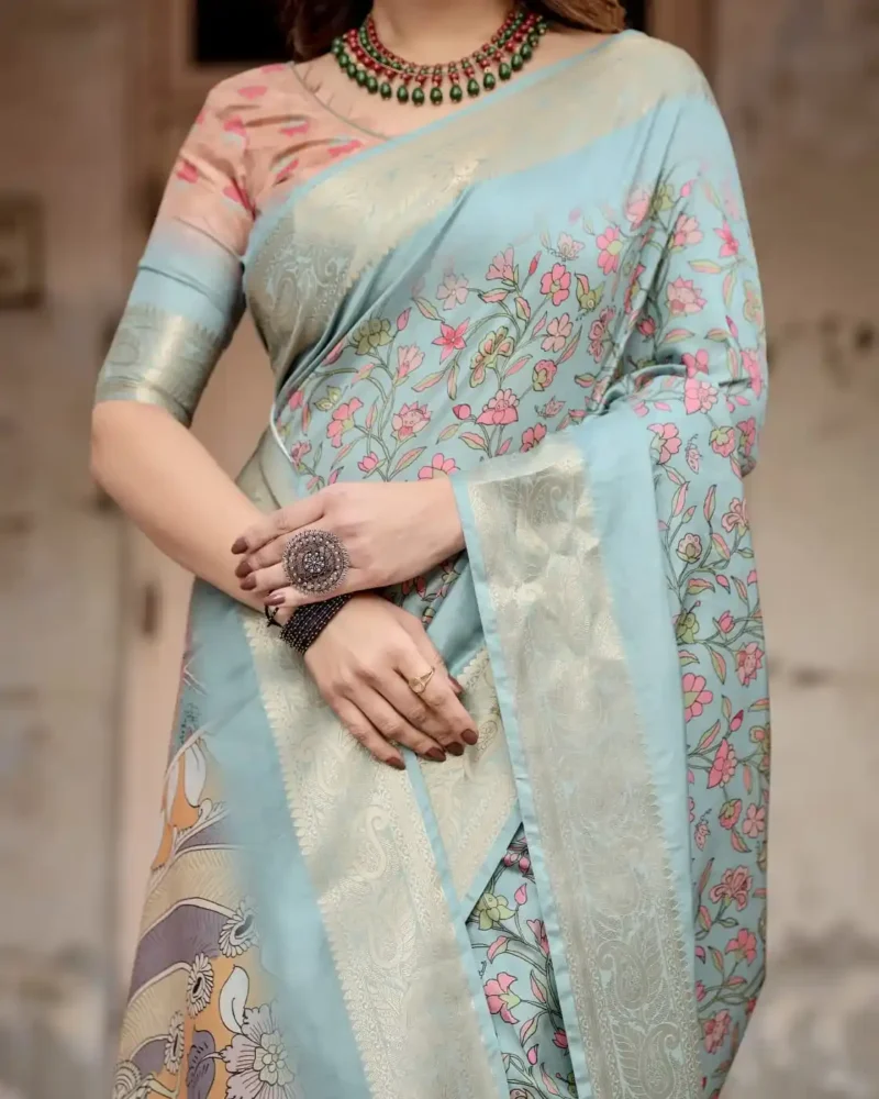 Hand Painted Floral Digital Print Sky Blue Tussar Silk Saree