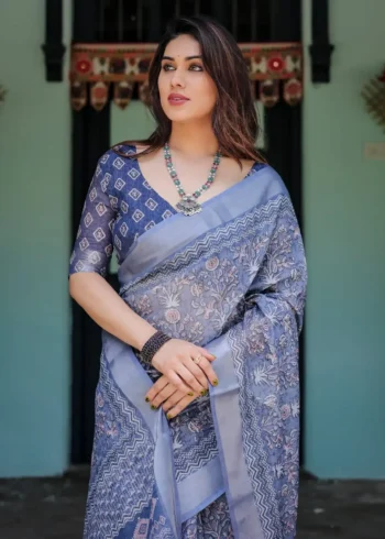 Indigo Blue Pure Linen Saree With Tassels