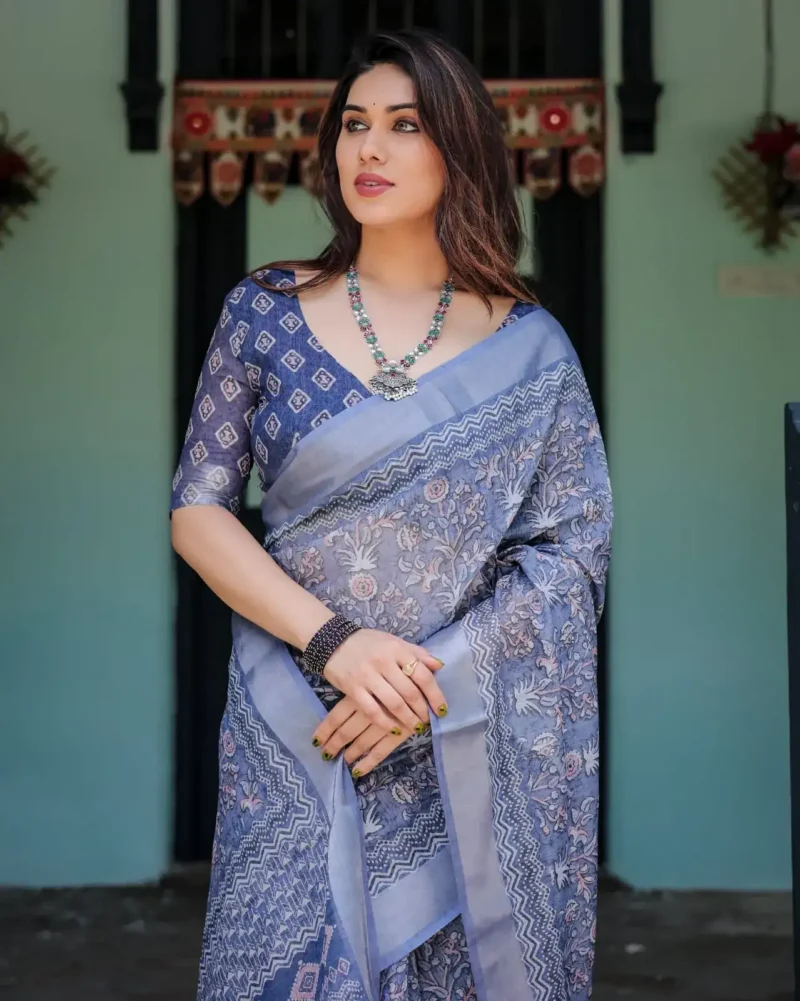Indigo Blue Pure Linen Saree With Tassels