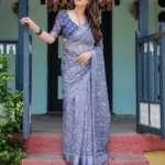Indigo Blue Pure Linen Saree With Tassels