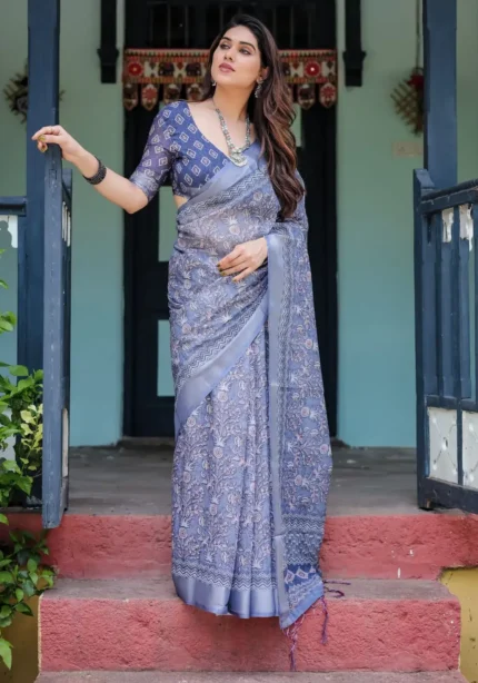 Indigo Blue Pure Linen Saree With Tassels