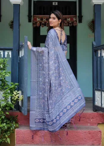Indigo Blue Pure Linen Saree With Tassels