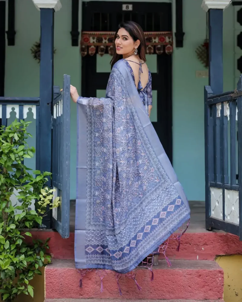 Indigo Blue Pure Linen Saree With Tassels