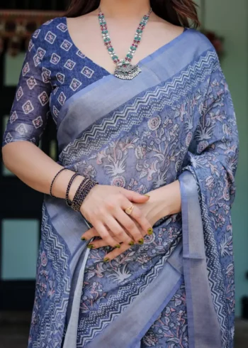 Indigo Blue Pure Linen Saree With Tassels