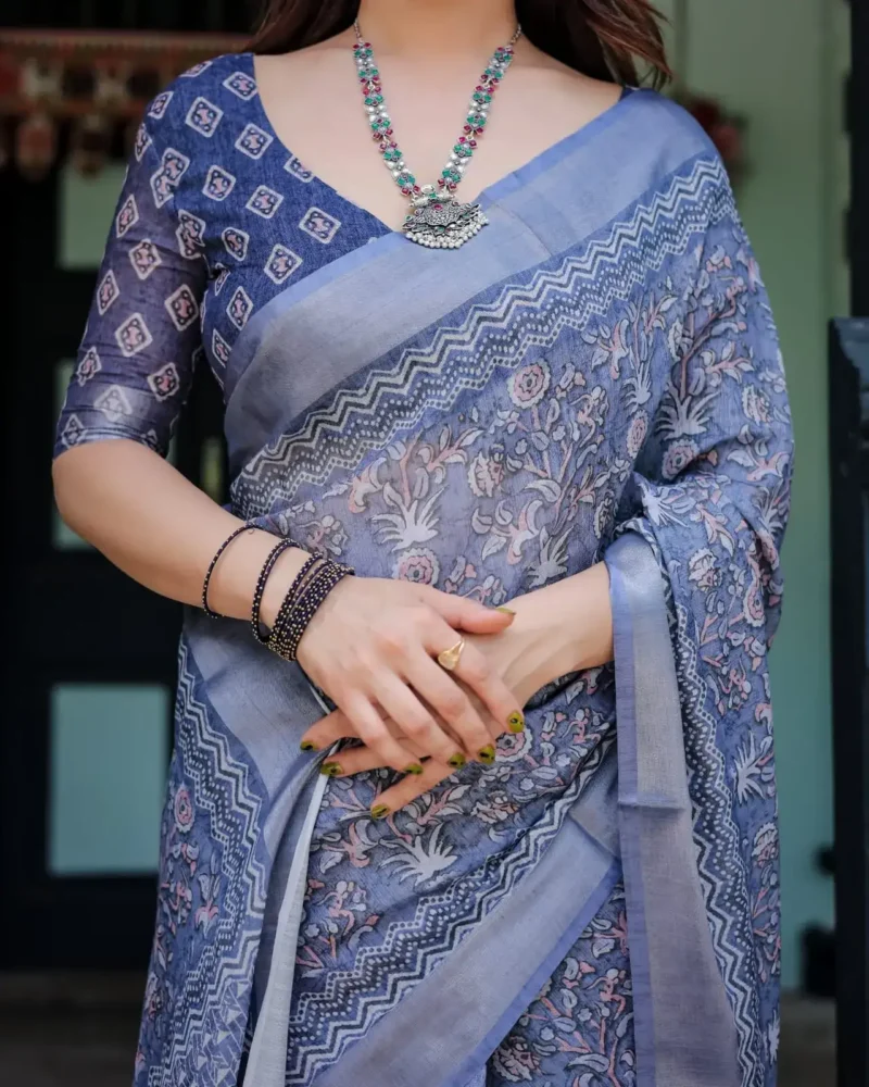 Indigo Blue Pure Linen Saree With Tassels