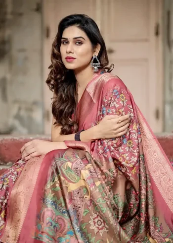 Intricate Floral Digital Print Rosewood Pink Tussar Silk Saree