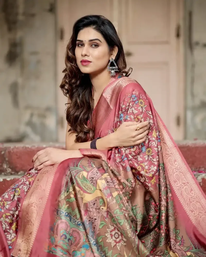 Intricate Floral Digital Print Rosewood Pink Tussar Silk Saree