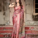 Intricate Floral Digital Print Rosewood Pink Tussar Silk Saree