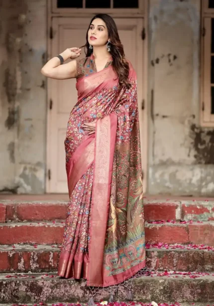 Intricate Floral Digital Print Rosewood Pink Tussar Silk Saree