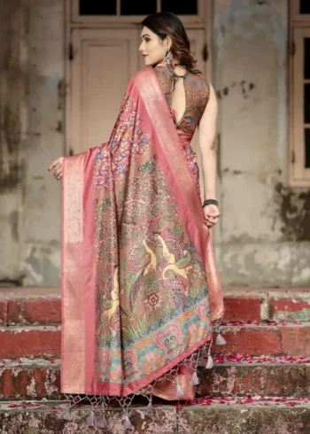 Intricate Floral Digital Print Rosewood Pink Tussar Silk Saree
