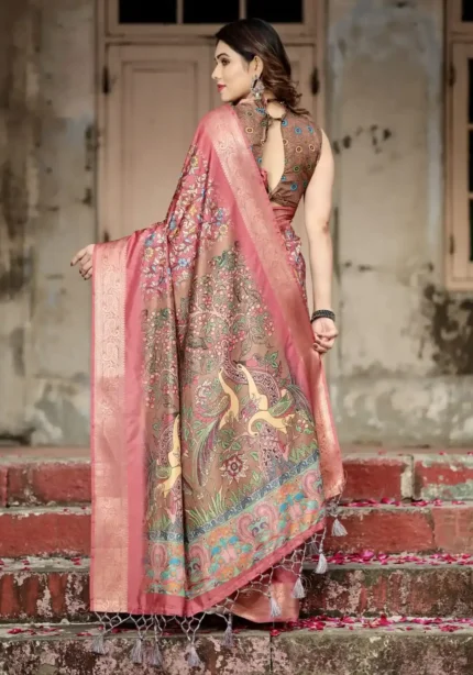 Intricate Floral Digital Print Rosewood Pink Tussar Silk Saree