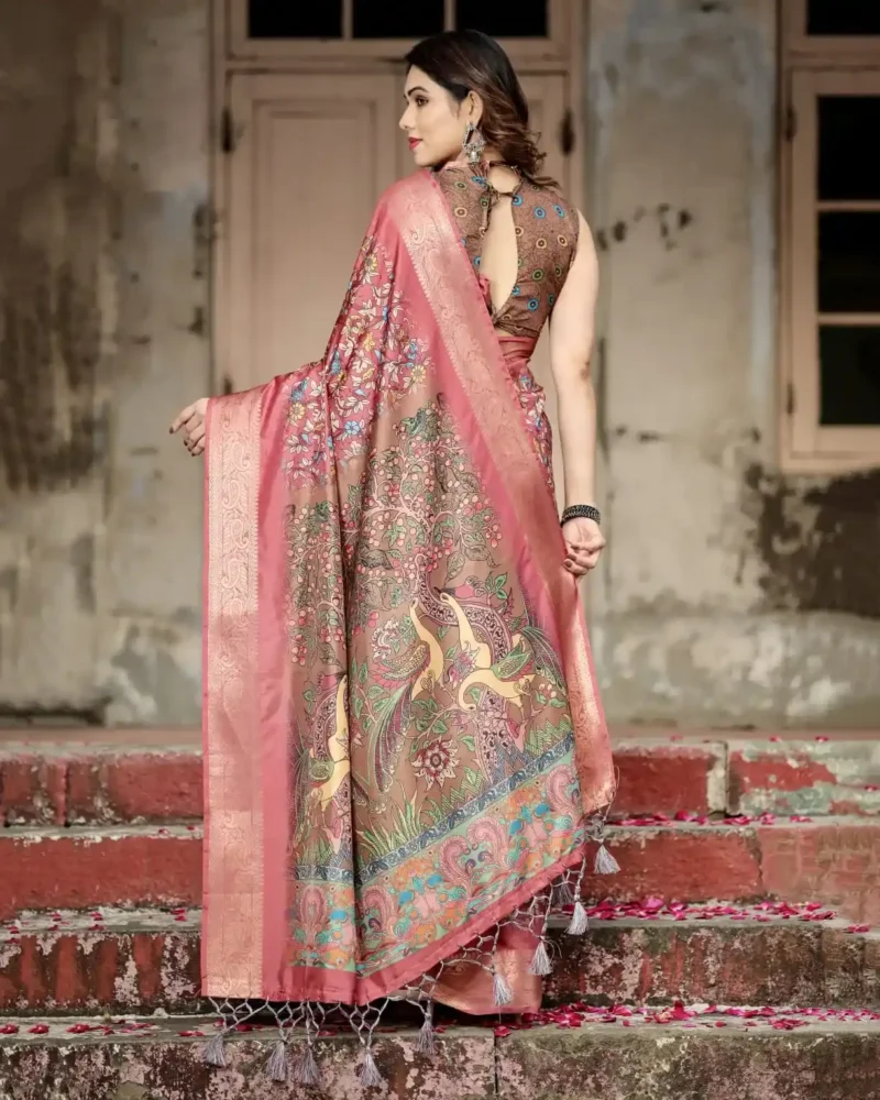 Intricate Floral Digital Print Rosewood Pink Tussar Silk Saree