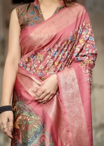 Intricate Floral Digital Print Rosewood Pink Tussar Silk Saree