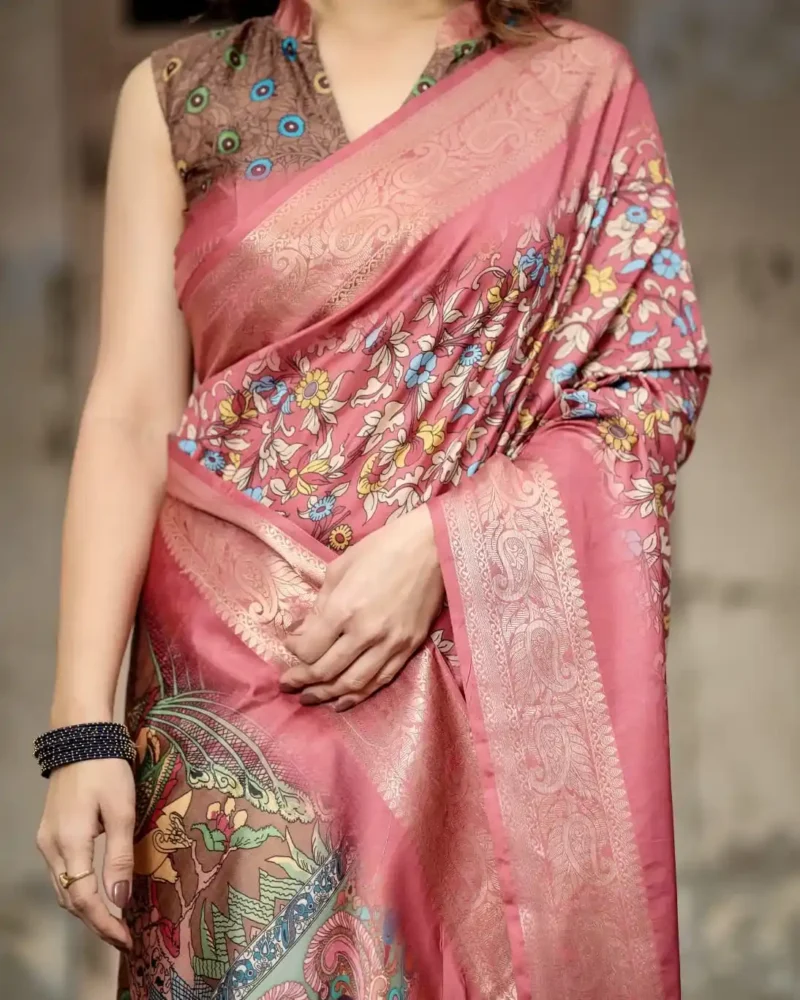Intricate Floral Digital Print Rosewood Pink Tussar Silk Saree
