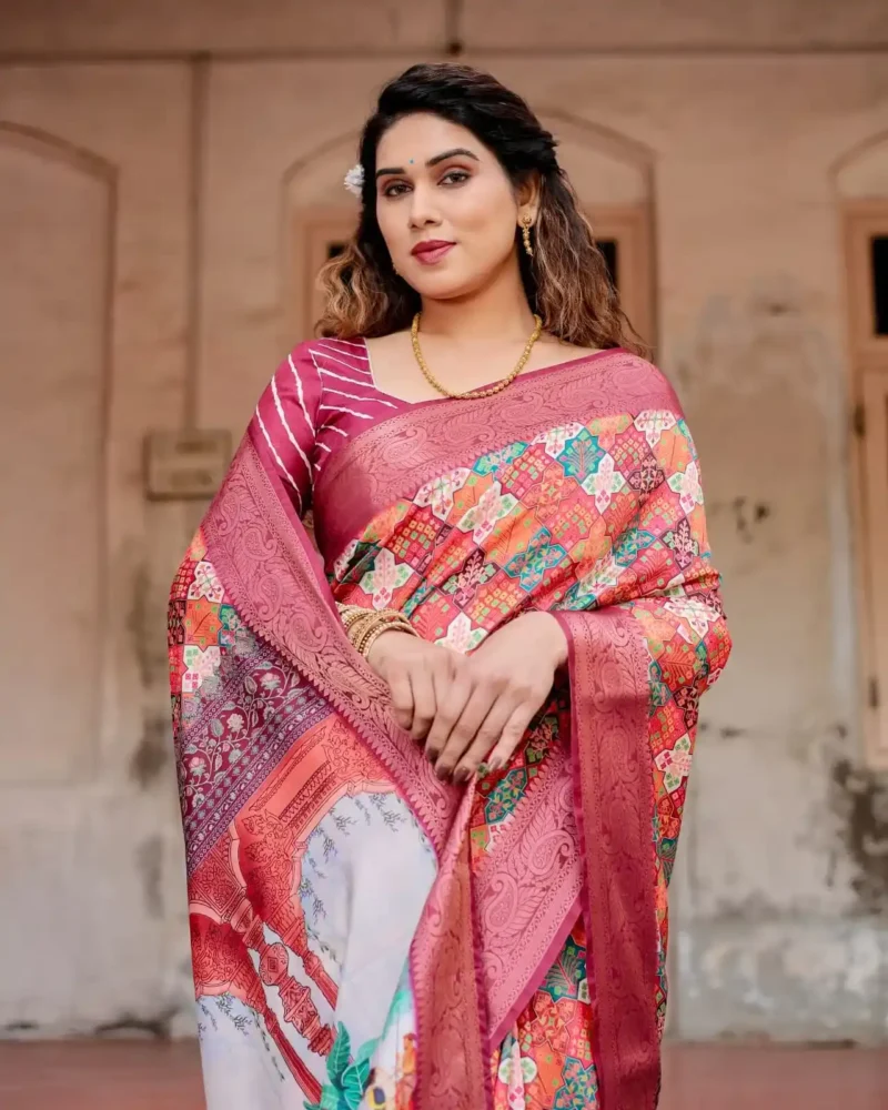 Intricate Geometric Floral Digital Print Tussar Silk Saree