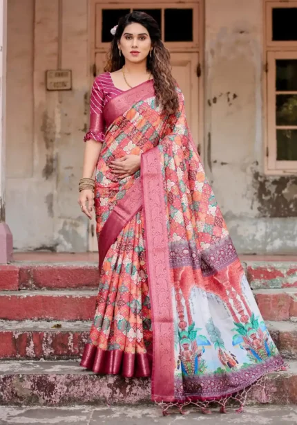 Intricate Geometric Floral Digital Print Tussar Silk Saree