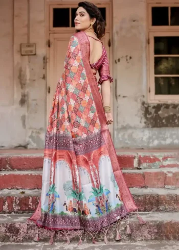 Intricate Geometric Floral Digital Print Tussar Silk Saree