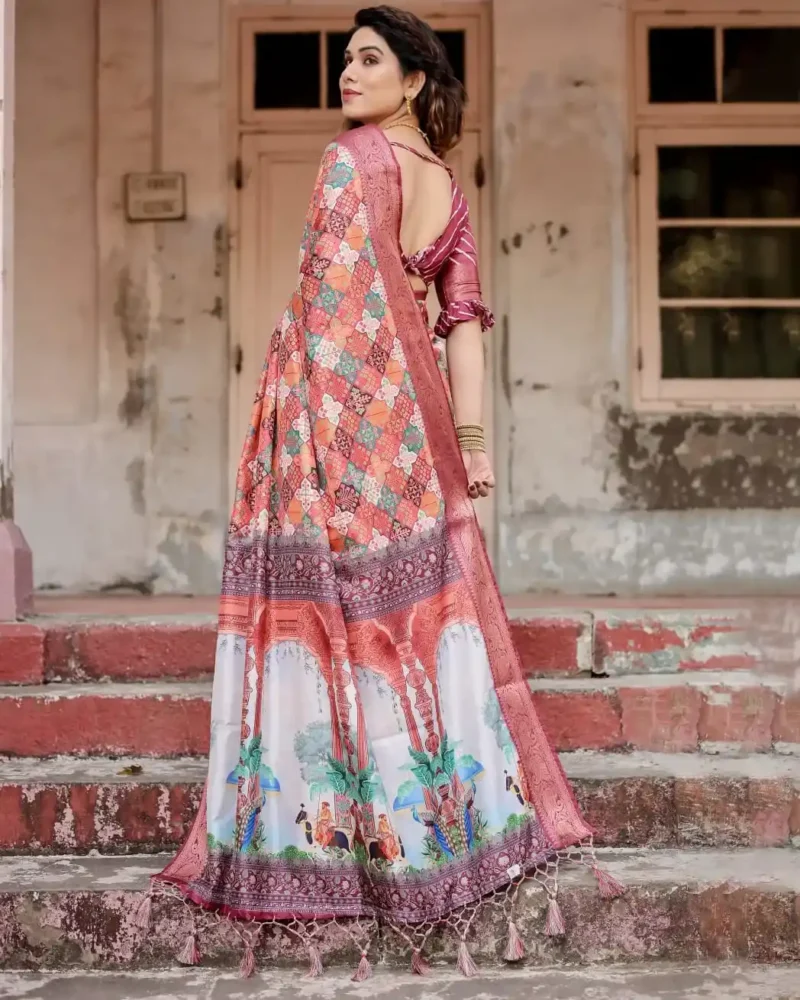 Intricate Geometric Floral Digital Print Tussar Silk Saree