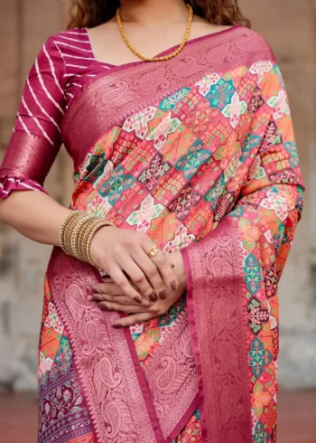 Intricate Geometric Floral Digital Print Tussar Silk Saree