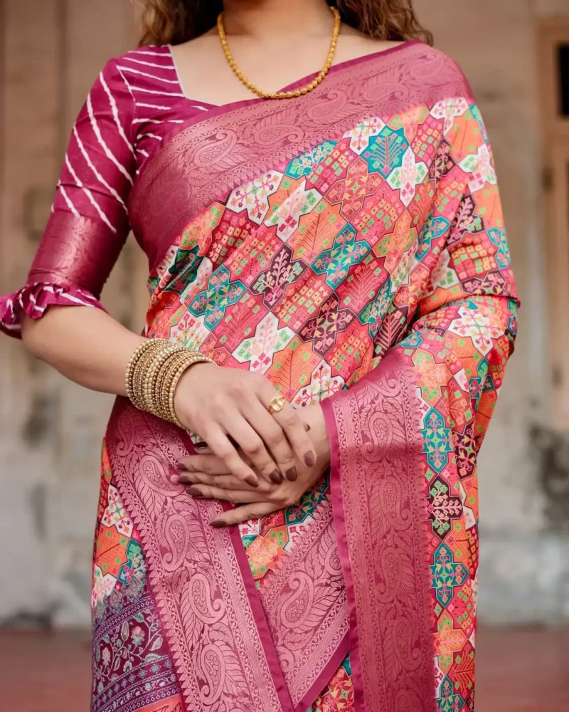Intricate Geometric Floral Digital Print Tussar Silk Saree