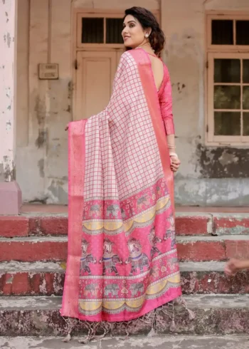 Ivory Base Minimalist Checkered Digital Print Tussar Silk Saree