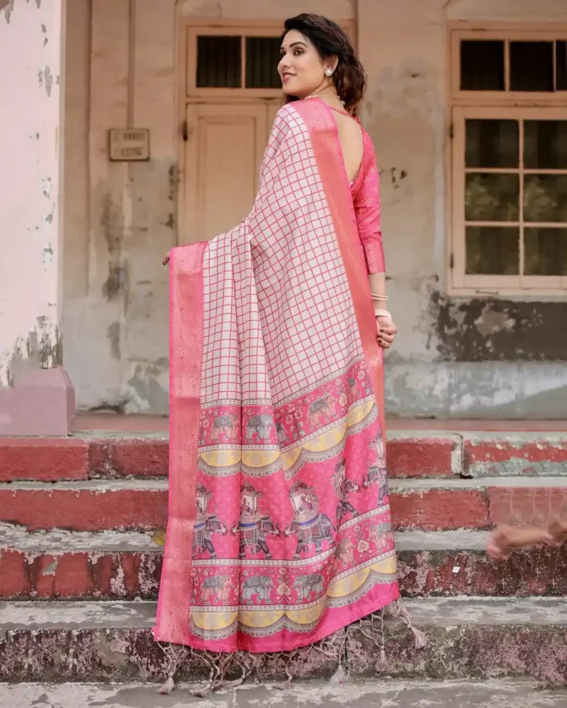 Ivory Base Minimalist Checkered Digital Print Tussar Silk Saree