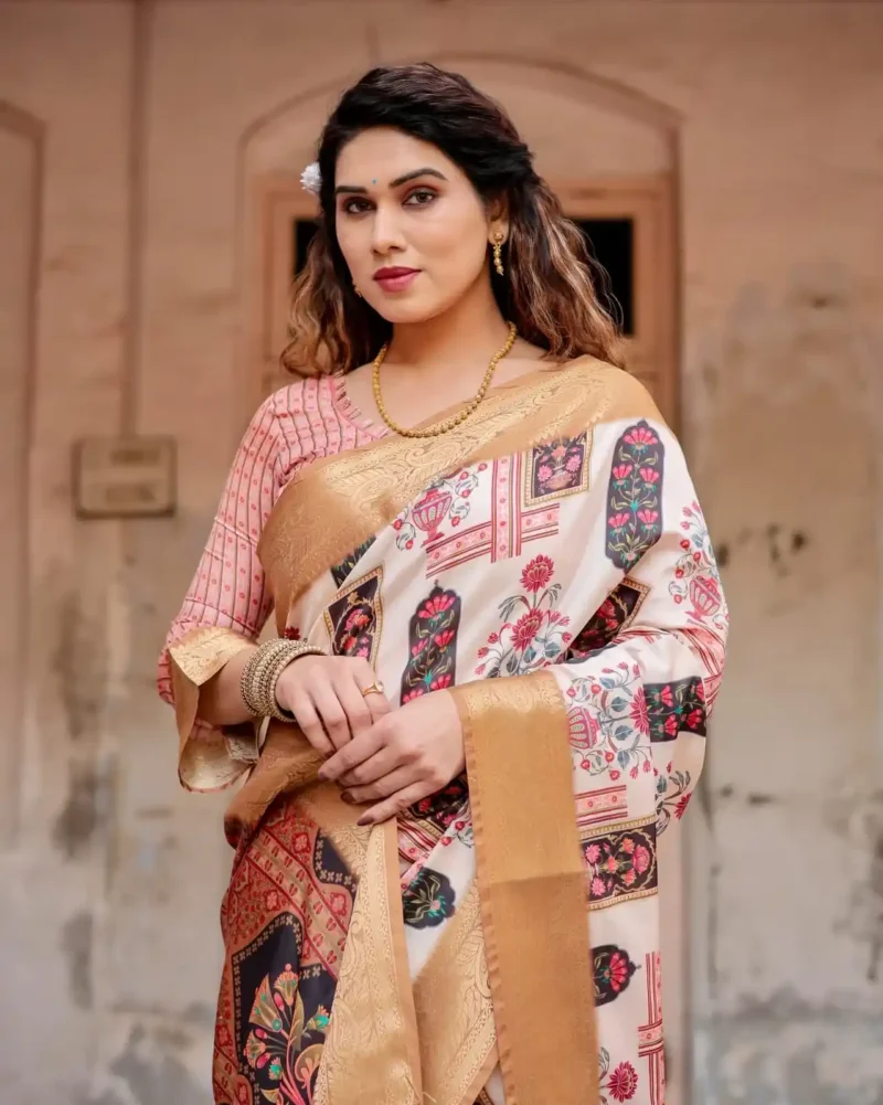Ivory Beige Traditional Motifs Floral Artistry Printed Tussar Silk Saree