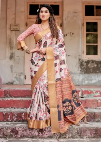 Ivory Beige Traditional Motifs Floral Artistry Printed Tussar Silk Saree
