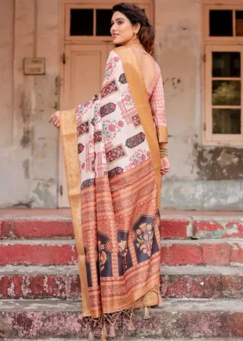 Ivory Beige Traditional Motifs Floral Artistry Printed Tussar Silk Saree