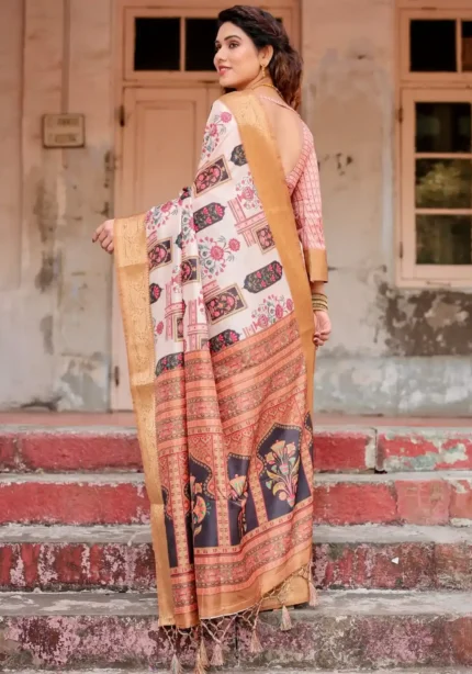 Ivory Beige Traditional Motifs Floral Artistry Printed Tussar Silk Saree