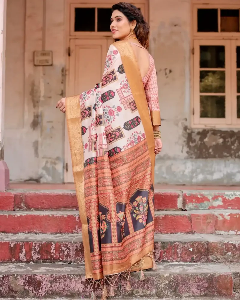 Ivory Beige Traditional Motifs Floral Artistry Printed Tussar Silk Saree